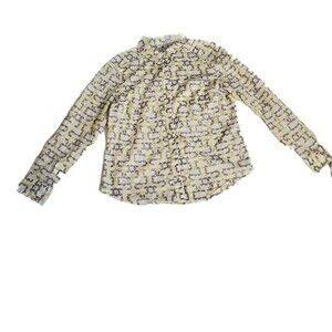 Halogen White Yellow Gray Geometric Print long sleeve button front top sz SP
